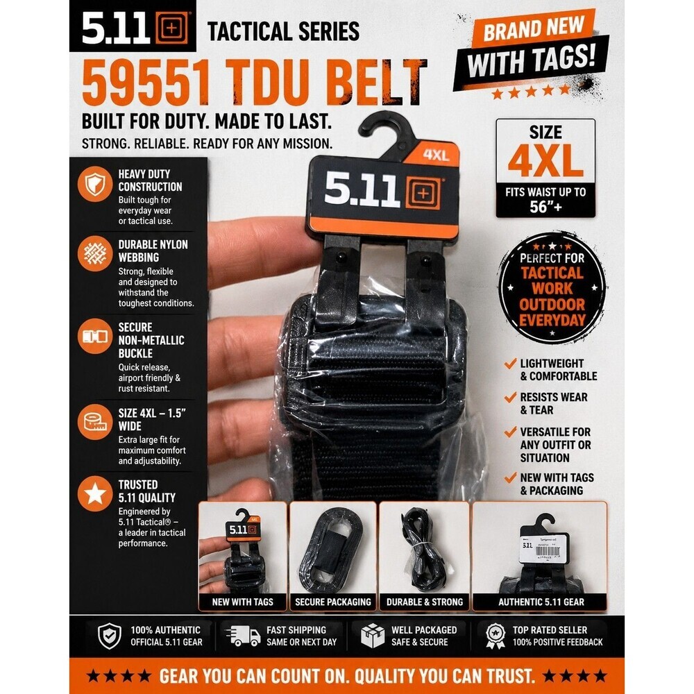5.11 Tactical 59551 TDU Belt 1.5" Black Size 4XL New With Tags Nylon Duty Belt